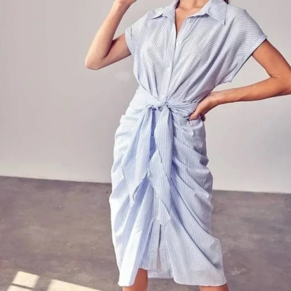 DO+BE Striped Collar Button Front Tie Dress
